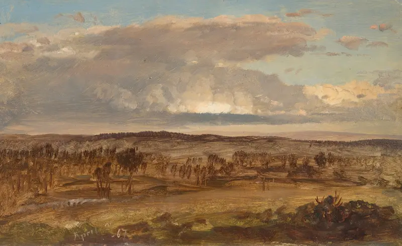 Hudson Valley oil painting by Frederic Edwin Church, depicting a serene landscape with hills and sky.