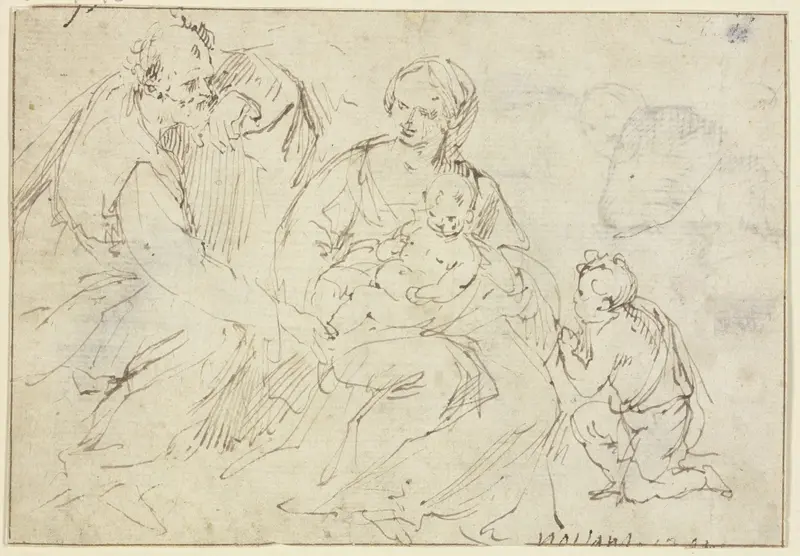Guido Reni's 'Heilige Familie mit dem knienden Johannesknaben' features the Holy Family in a serene setting.