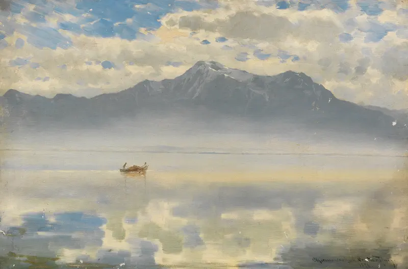 Chiemseespiegel by Joseph Wopfner, oil on canvas depicting a tranquil lake and sky.