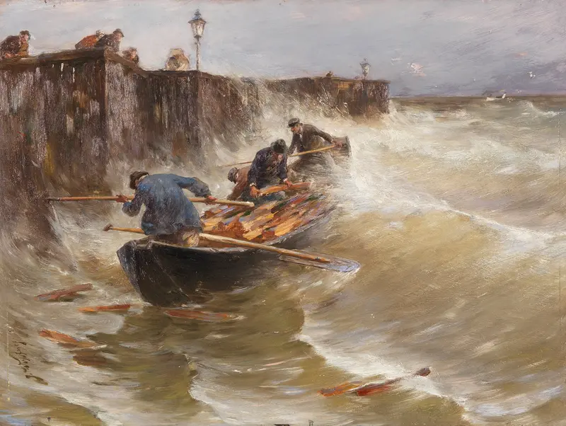 Marine scene of fishermen struggling with boats at sunset, oil on canvas by Joseph Wopfner