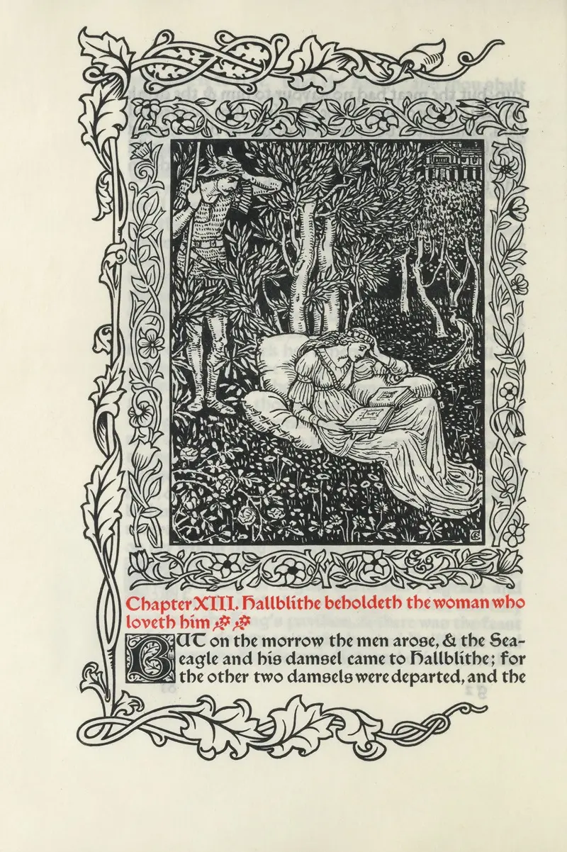 Walter Crane's painting depicts a romantic scene between Hallblithe and a woman who loves him.