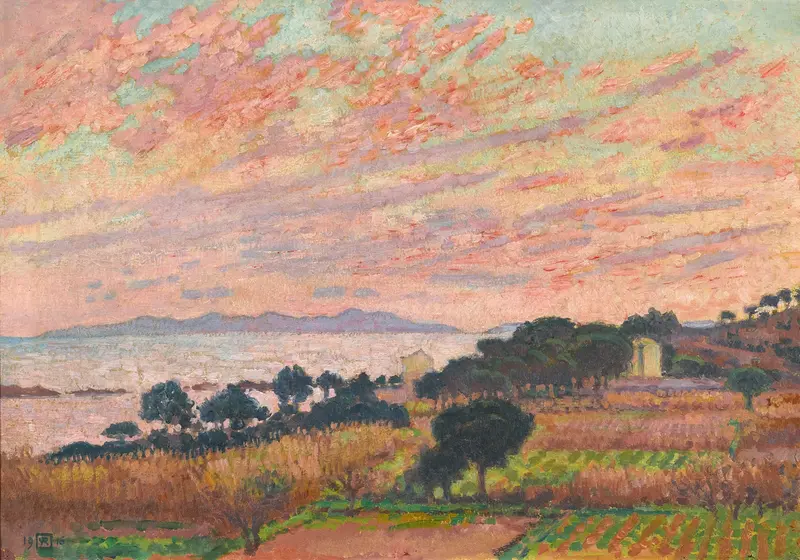 La Baie Au Soleil Couchant, oil on canvas by Theo van Rysselberghe depicting a sunset over water.