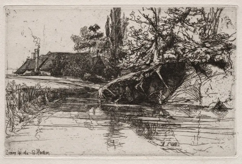 Engraving by Francis Seymour Haden depicting a tranquil landscape with a moat and house.