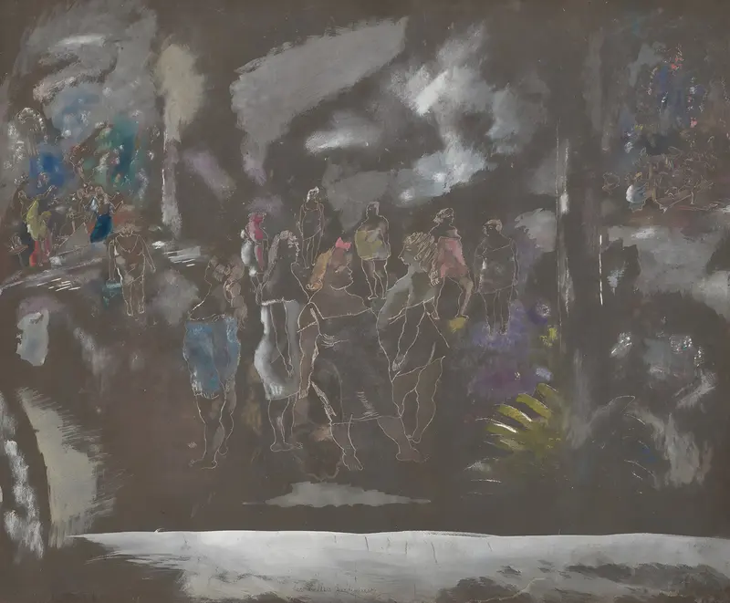 A vibrant depiction of women in a garden setting by Jules Pascin.