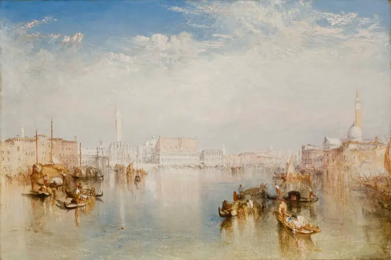 A luminous Venetian waterfront scene showing the Ducal Palace, Punta della Dogana, San Giorgio Maggiore, boats, and reflections on shimmering water.