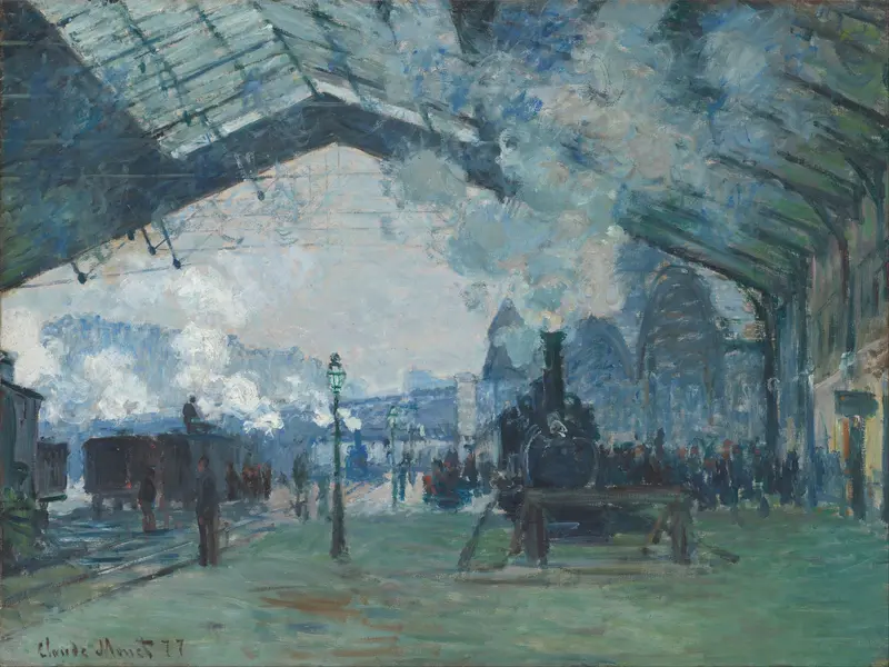 Arrival of the Normandy Train, Gare Saint-Lazare by Claude Monet, oil painting depicting a bustling train station.