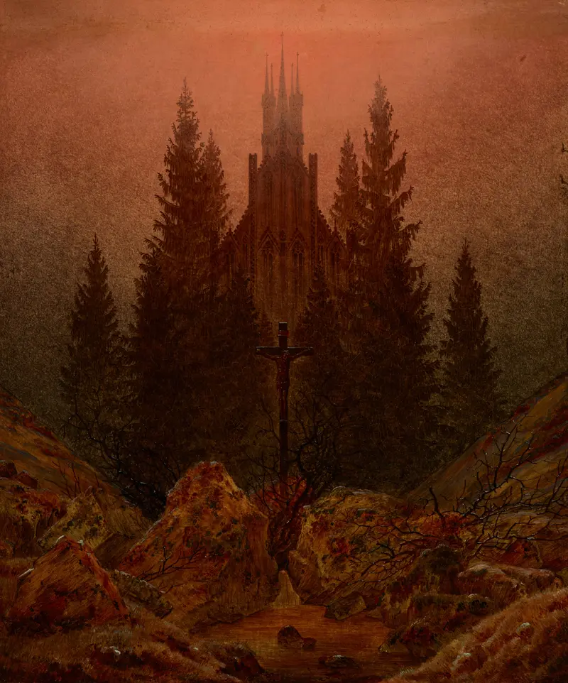 Oil painting by Caspar David Friedrich depicting a white cross in a mountainous landscape at dawn.