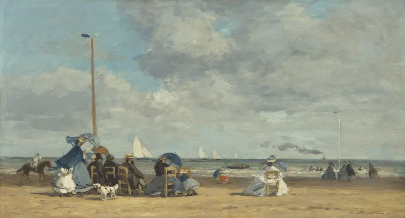 Beach at Trouville by Eugène Boudin, oil on canvas depicting figures on the shore and shimmering waves.