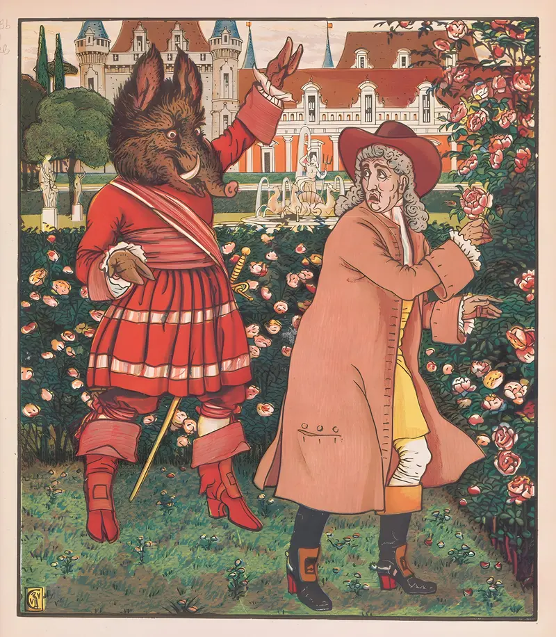 Walter Crane's 'Beauty and the Beast Pl. 01' depicts a whimsical scene from the classic fairy tale.
