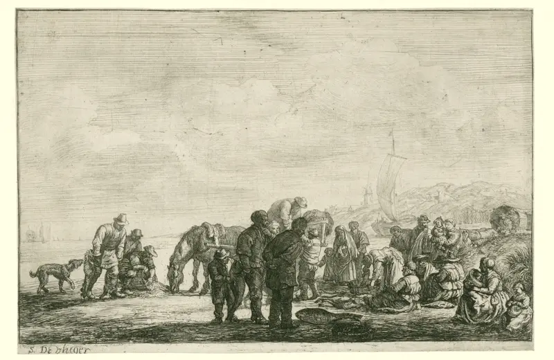 Drypoint by Simon de Vlieger depicting fishermen on the beach