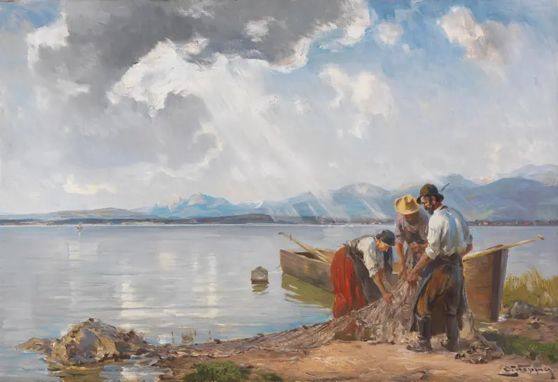 Impressionist landscape by Joseph Wopfner, depicting Chiemsee's morning reflection.