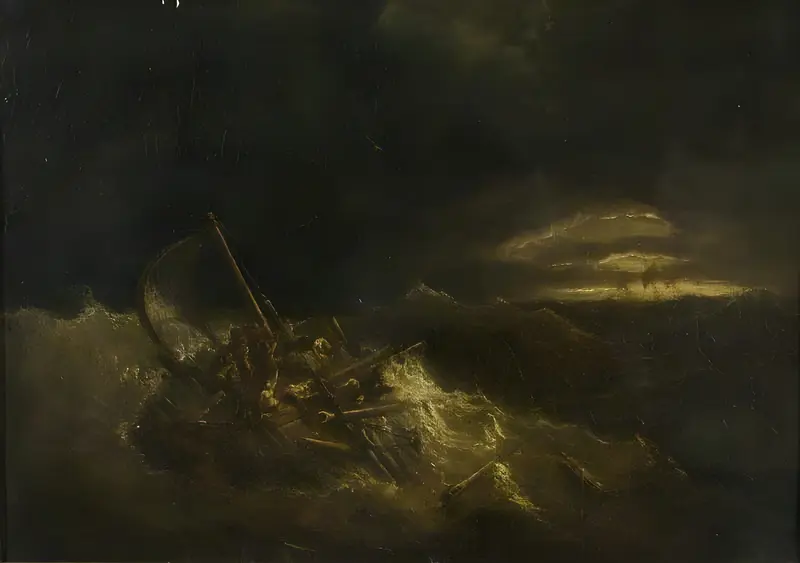 A dramatic seascape depicting figures on a raft amidst turbulent waters.