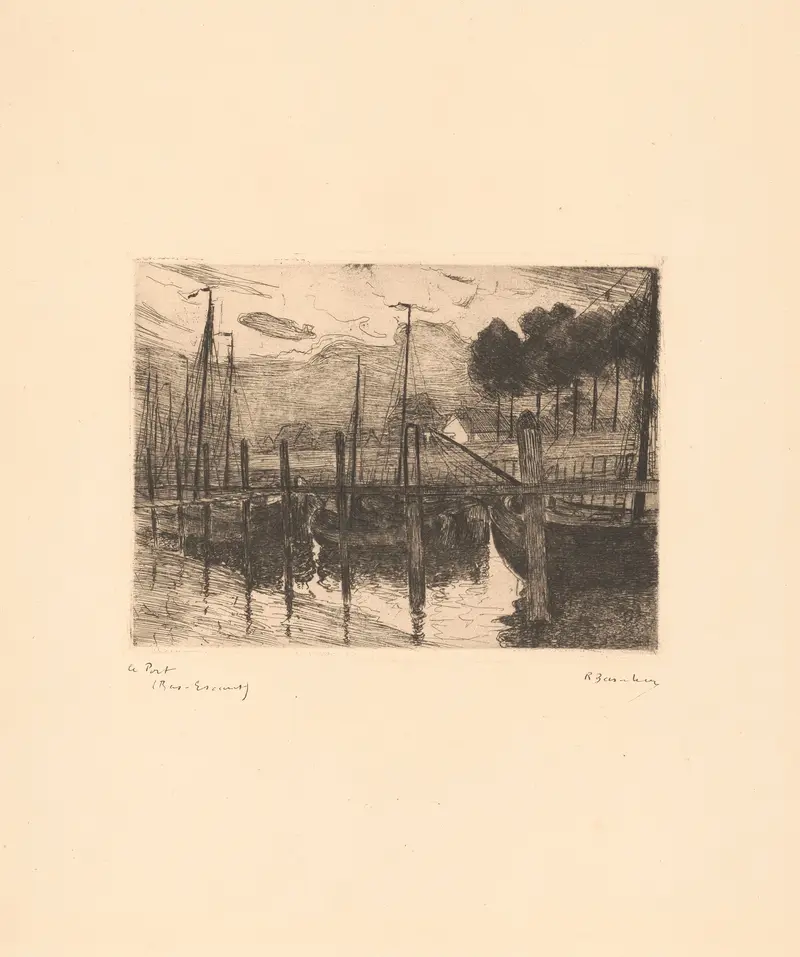 Marine scene of The Port by Richard Baseleer, oil painting with water and sky.