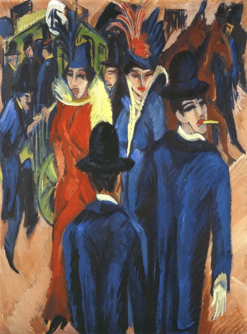 A vibrant depiction of a bustling Berlin street with figures in sharp colors and angular forms.