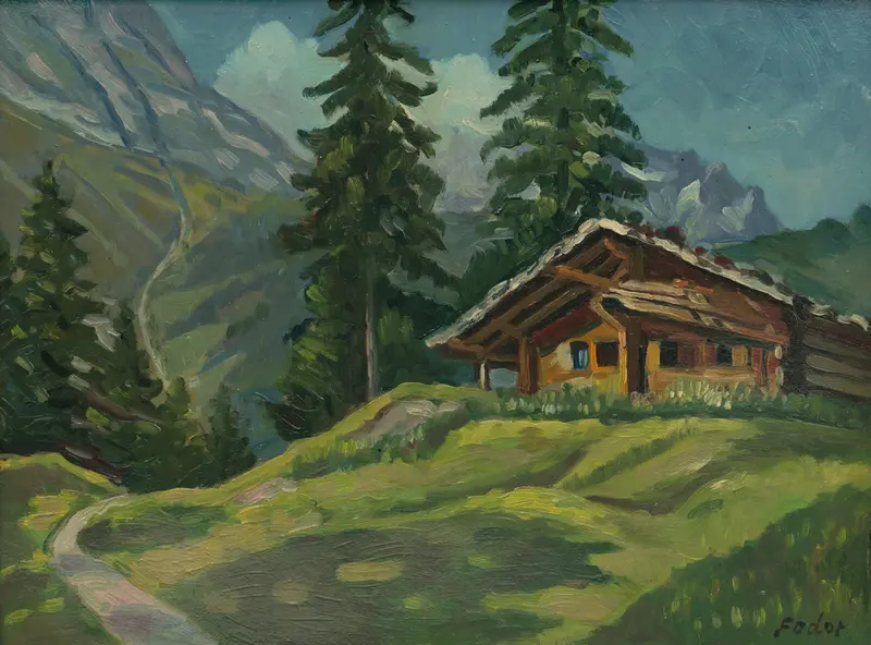 Tatranská krajina by Štefan Fodor, oil painting depicting a serene landscape.