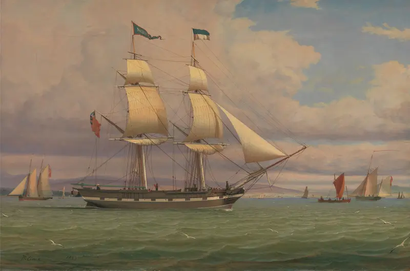The English Brig ‘Norval’ before the Wind, oil painting by William Clark showing a ship in a stormy sea.