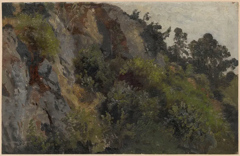 Rocky slope overgrown with plants, oil on canvas by Adolf Dressler