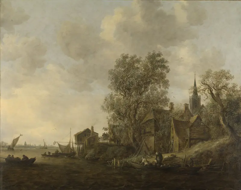 View of a town on a river, oil on canvas by Jan van Goyen