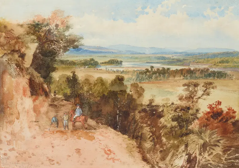 Oil painting by Nicholas Chevalier depicting rolling hills and a river.