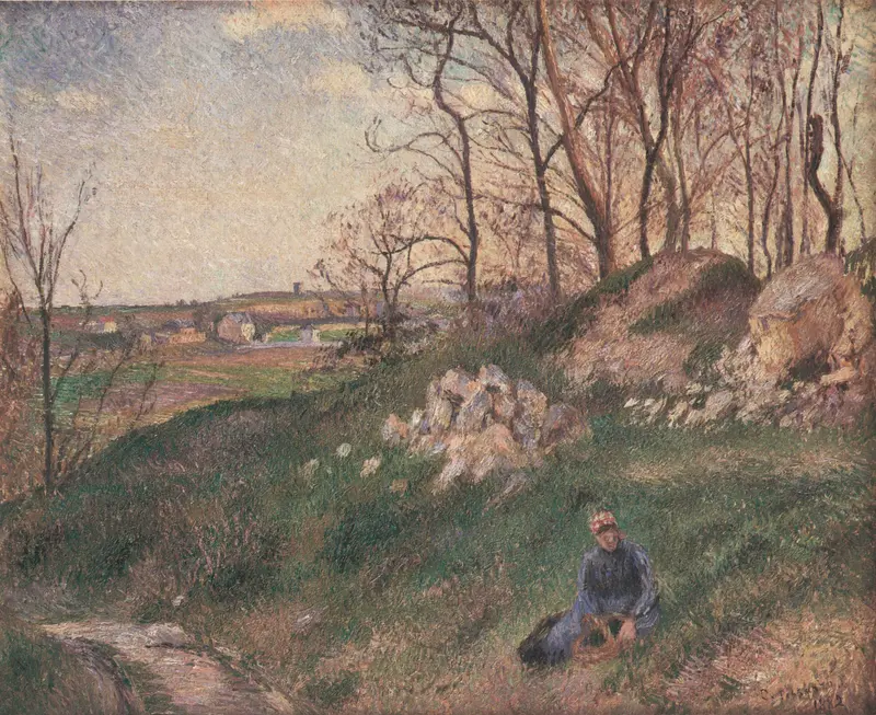 Landscape of hills and greenery in Les carrières du Chou by Camille Pissarro, oil painting