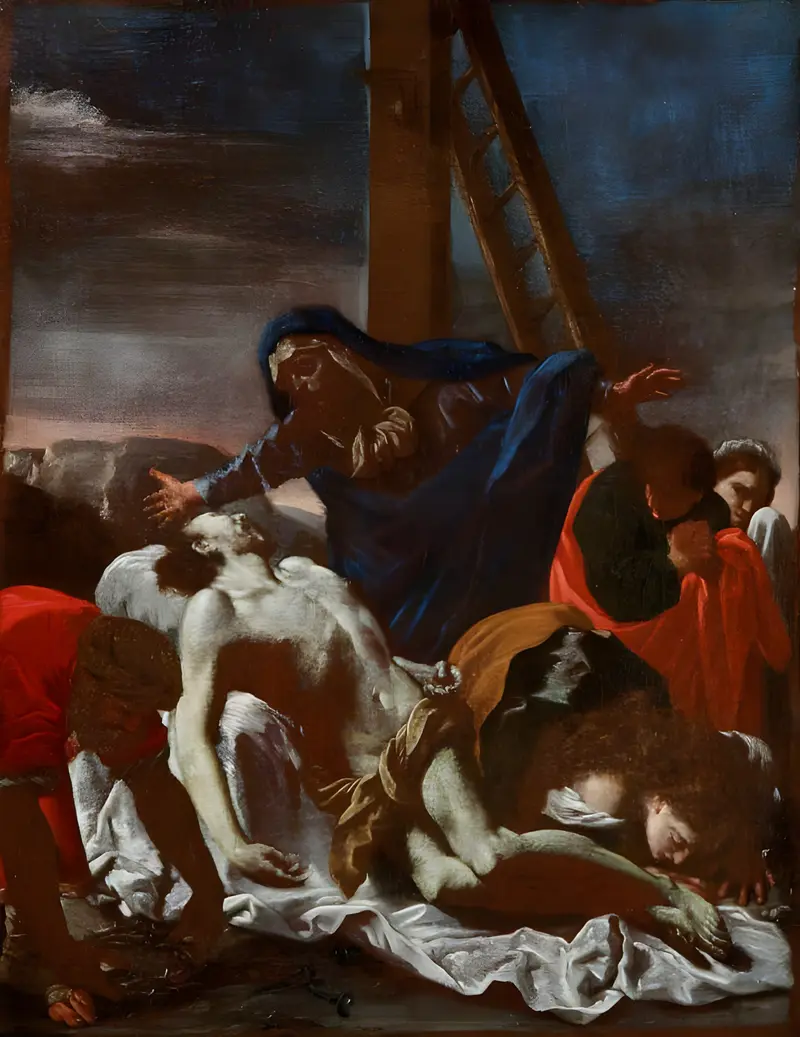 A depiction of Mary cradling Christ's body in a moment of despair.