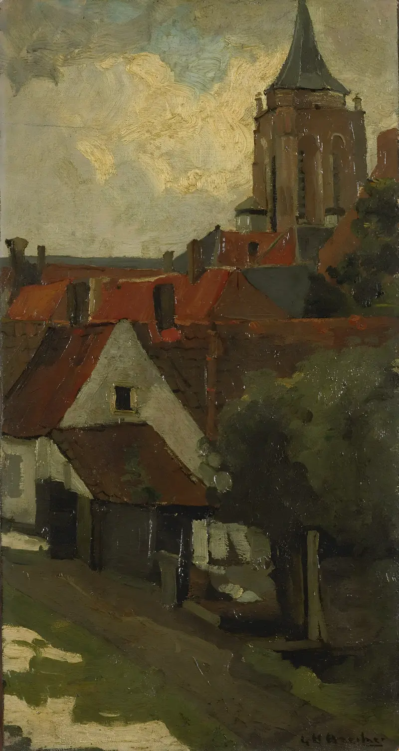The Tower of Gorkum, oil on canvas by George Hendrik Breitner, features a stone tower at twilight.