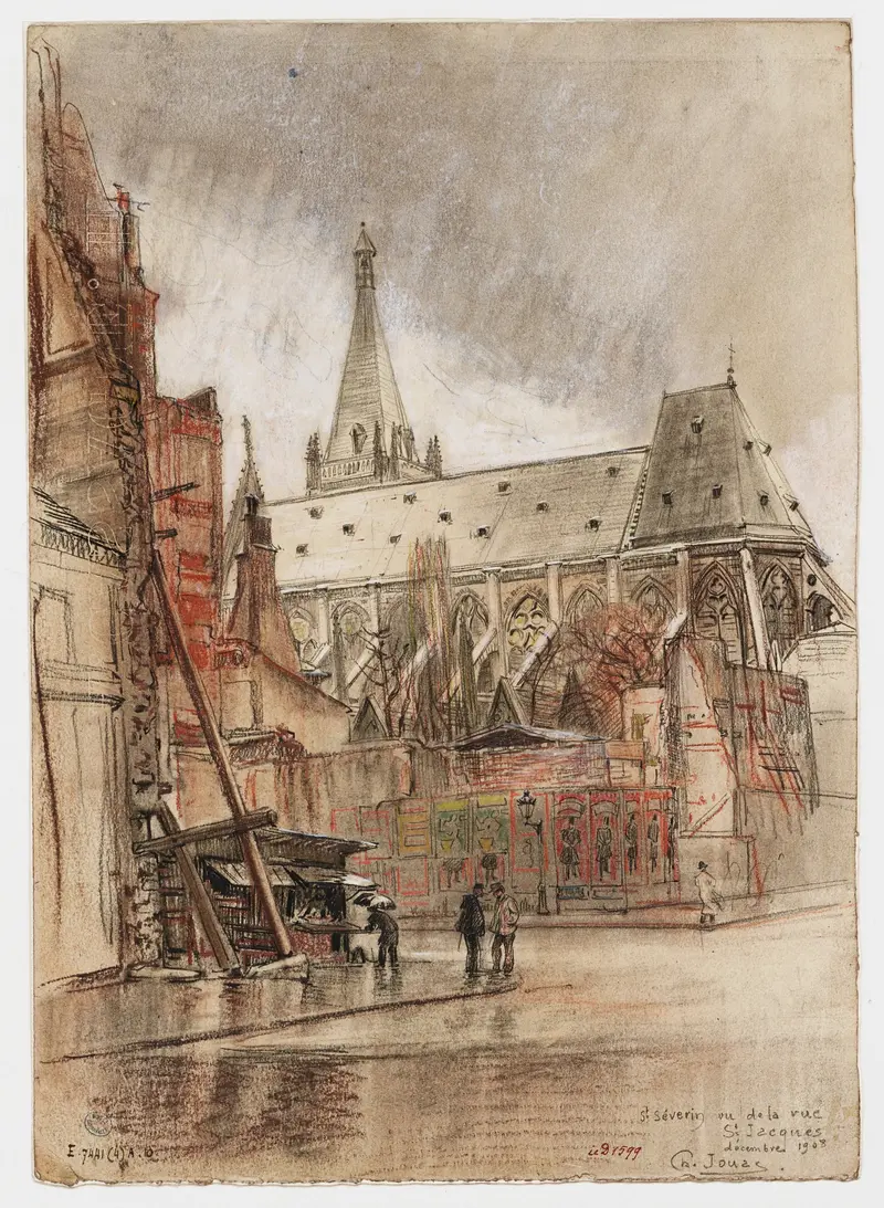L’église Saint Séverin, oil on canvas by Charles Jouas, features gothic architecture and a street view.