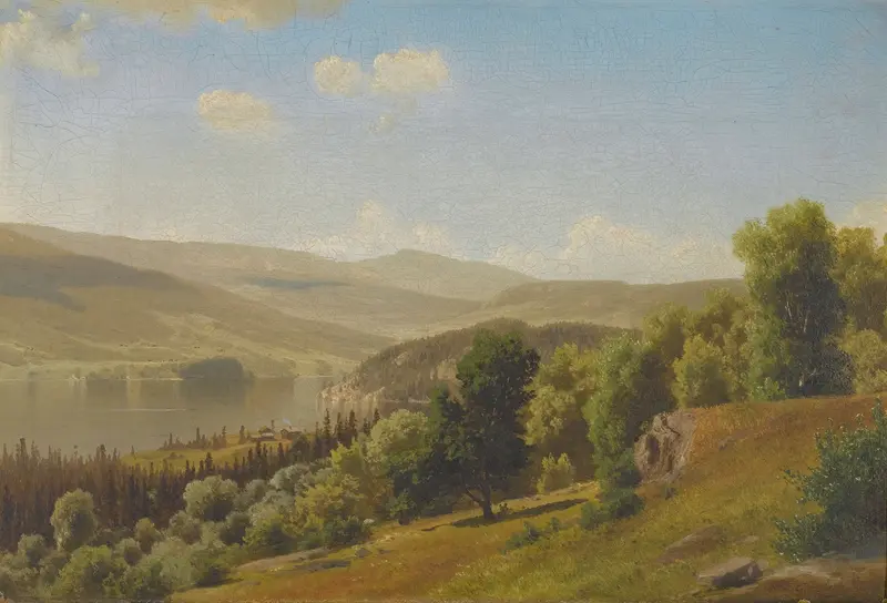 Landscape In Norway by Johan Fredrik Eckersberg, oil on canvas depicting mountains and a tranquil lake.