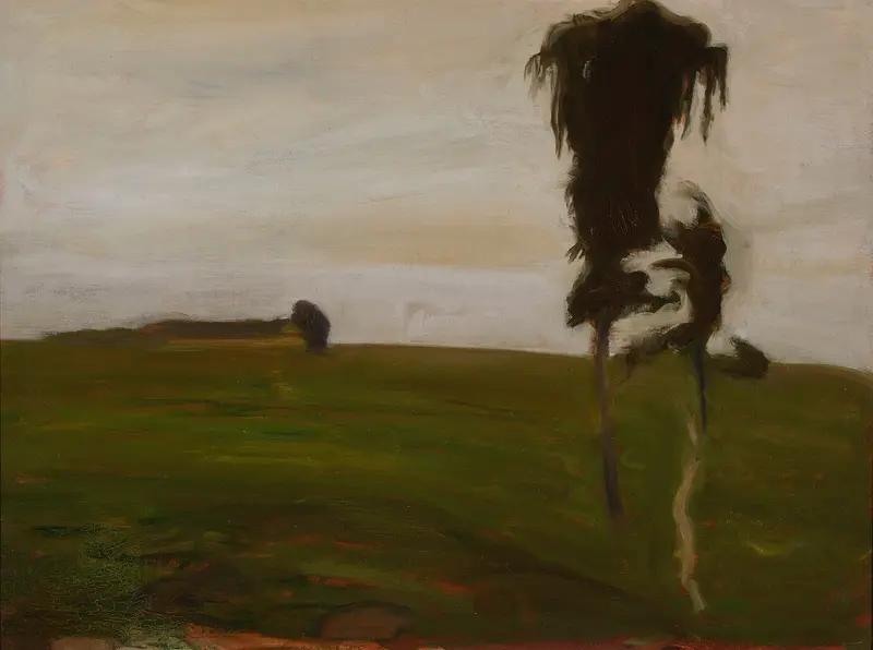 Evening by Wojciech Weiss, oil on canvas depicting a vibrant landscape at dusk.