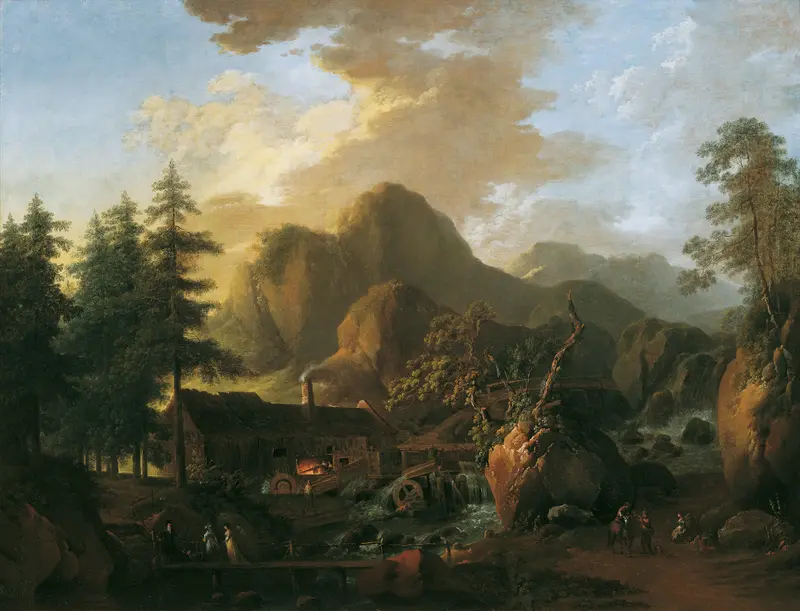 Landschaft mit Hammerwerk by Martin von Molitor, oil painting depicting hills and a hammer mill.