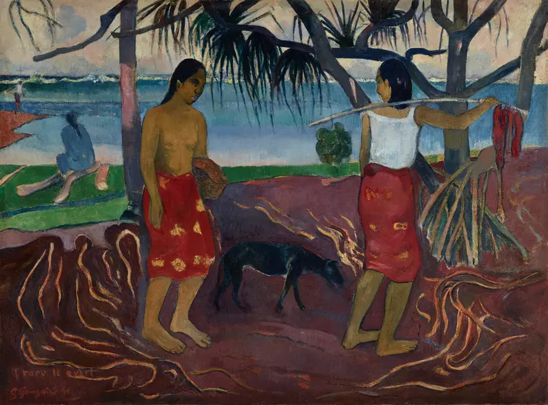 Paul Gauguin's 'I Raro te Oviri' features vibrant colors and figures under a lush pandanus tree.