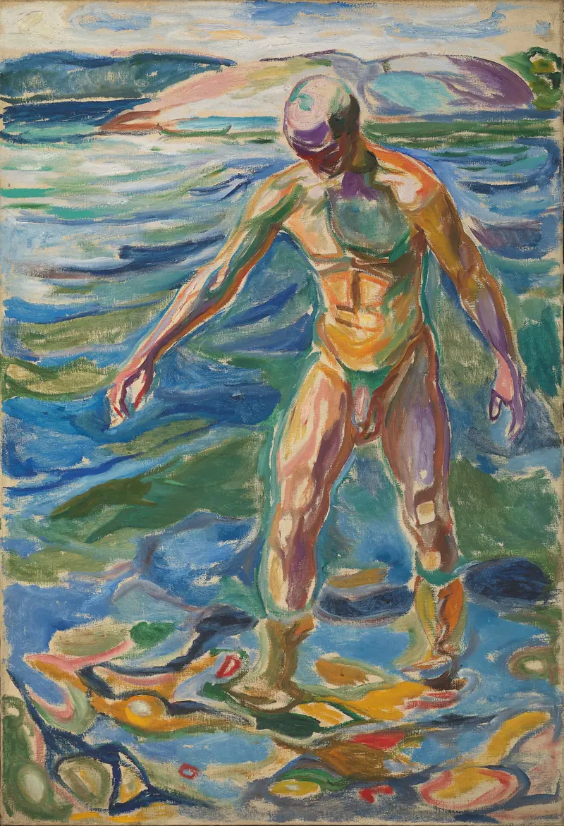 A man bathing in water surrounded by nature.