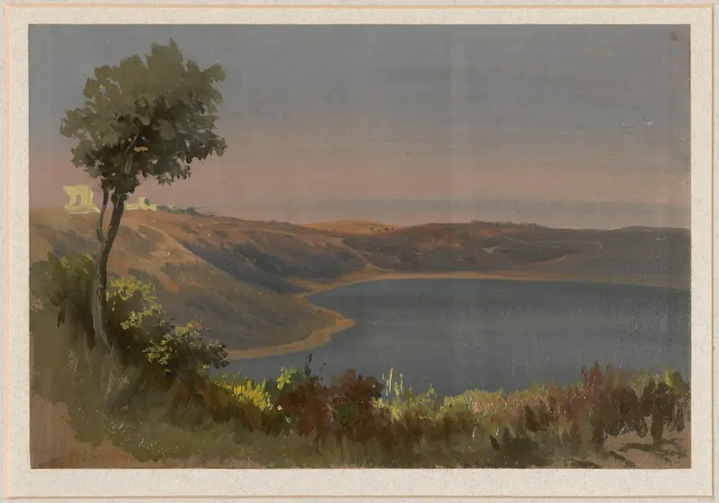 Lake Albano oil painting by Arthur Blaschnik depicting serene waters and soft clouds