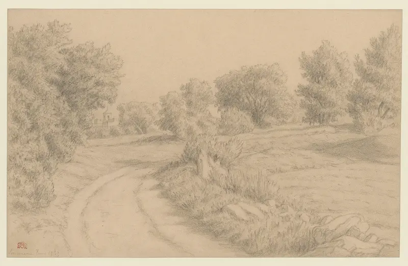 Lourmarin by Henri Rivière, watercolor on paper depicting a village surrounded by verdant hills.