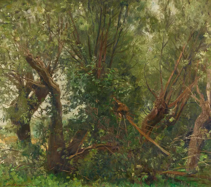 Weidenwäldchen by Eugen Bracht, oil on canvas depicting a tranquil woodland with light and shadow