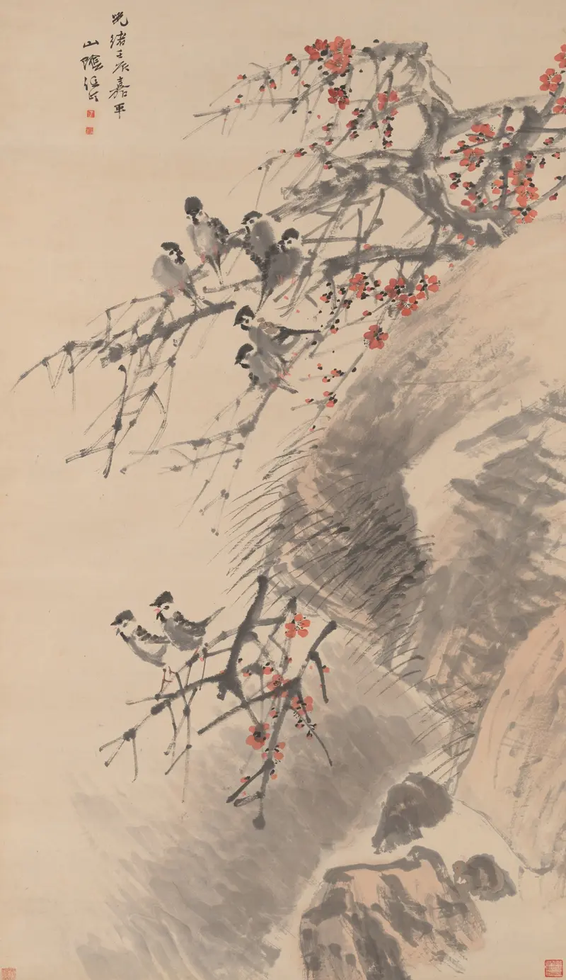 Birds on red plum branches, paper artwork by Ren Yi
