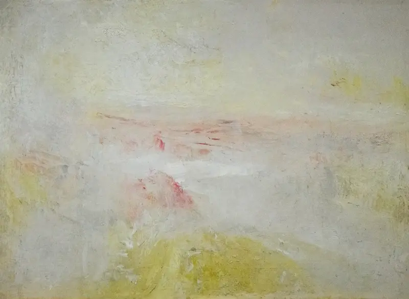 An abstract landscape showing a glowing sky with swirling pale yellow, white, soft pink, orange, and red brushstrokes above sloping yellow and ochre terrain.