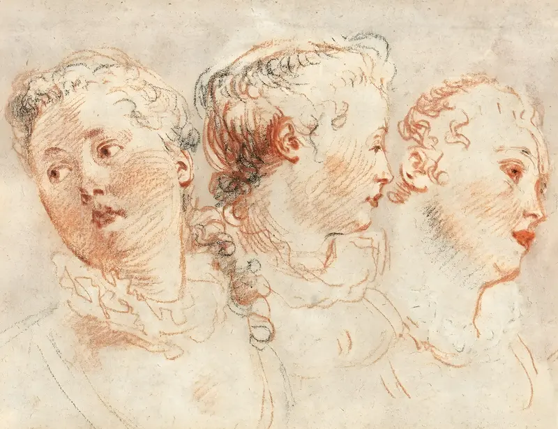 A painting featuring three studies of a woman's head by Jean-Antoine Watteau.