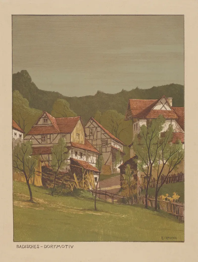 Rural Motif from Baden, oil on canvas by Heinrich Otto Irmann, depicting tranquil hills and fields.