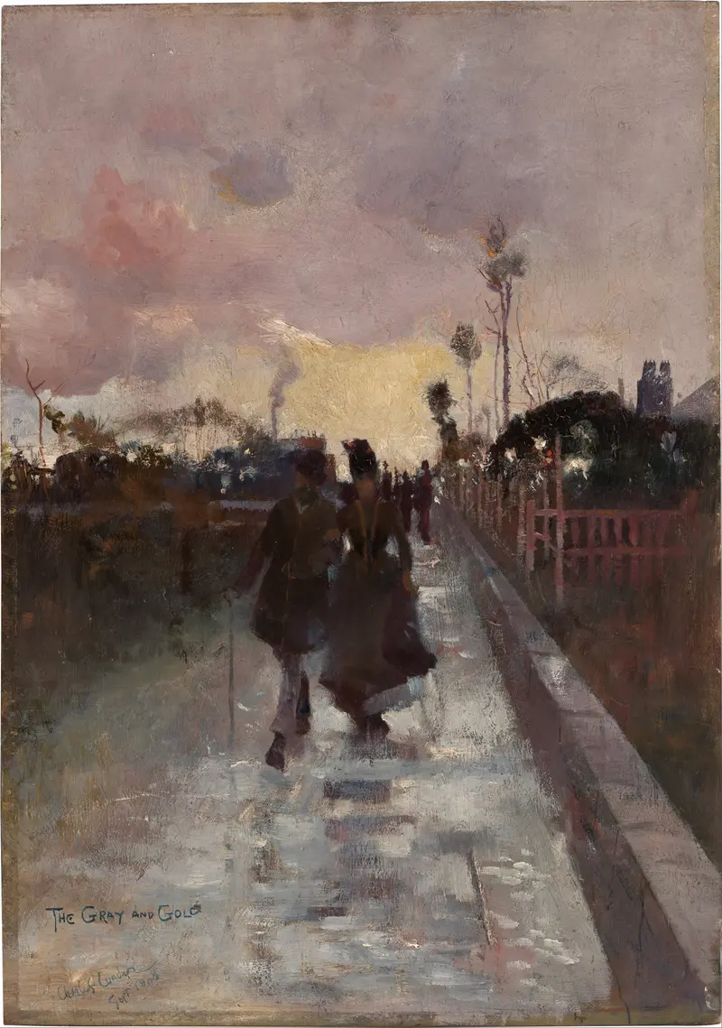 Landscape at twilight with golden light by Charles Conder, oil painting