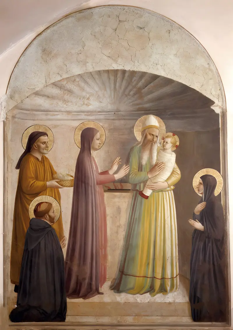 Presentation at the Temple by Fra Angelico depicts the Virgin Mary presenting Jesus to Simeon.