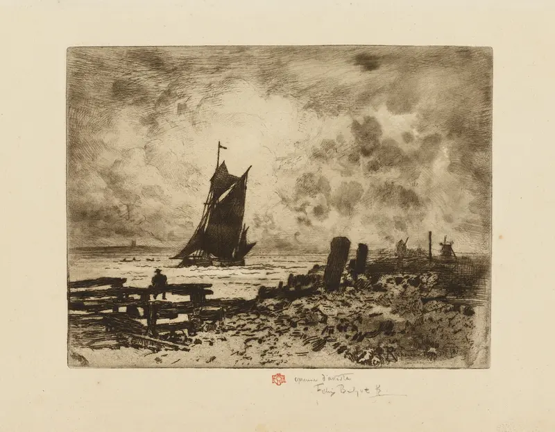 Little Seascape, a Remembrance of the Medway by Félix Hilaire Buhot, etching depicting waves and mist.