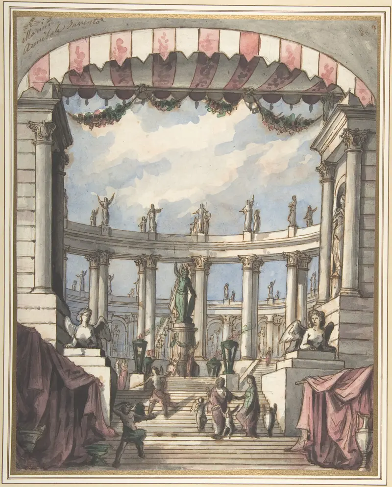 Design for a Stage Set by Leonardo Marini, ink on paper, featuring a classical courtyard and statue of Minerva