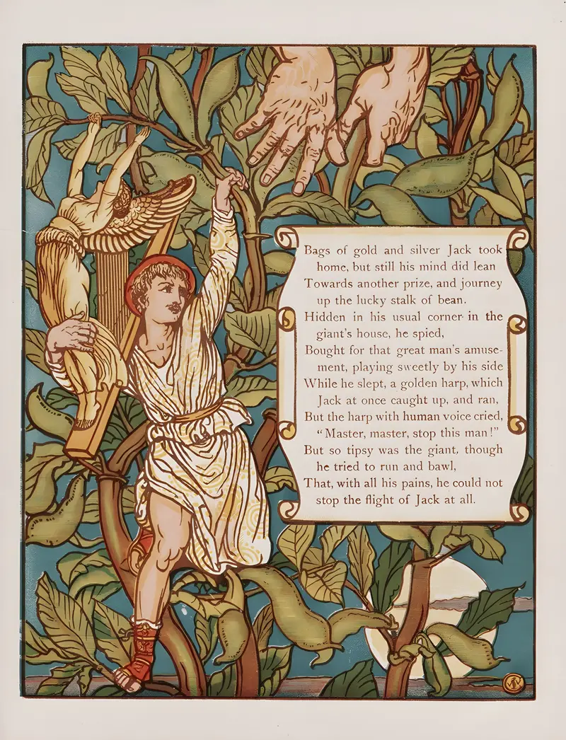 Walter Crane's 'Jack and the bean-stalk Pl.7' features vibrant colors and whimsical characters.