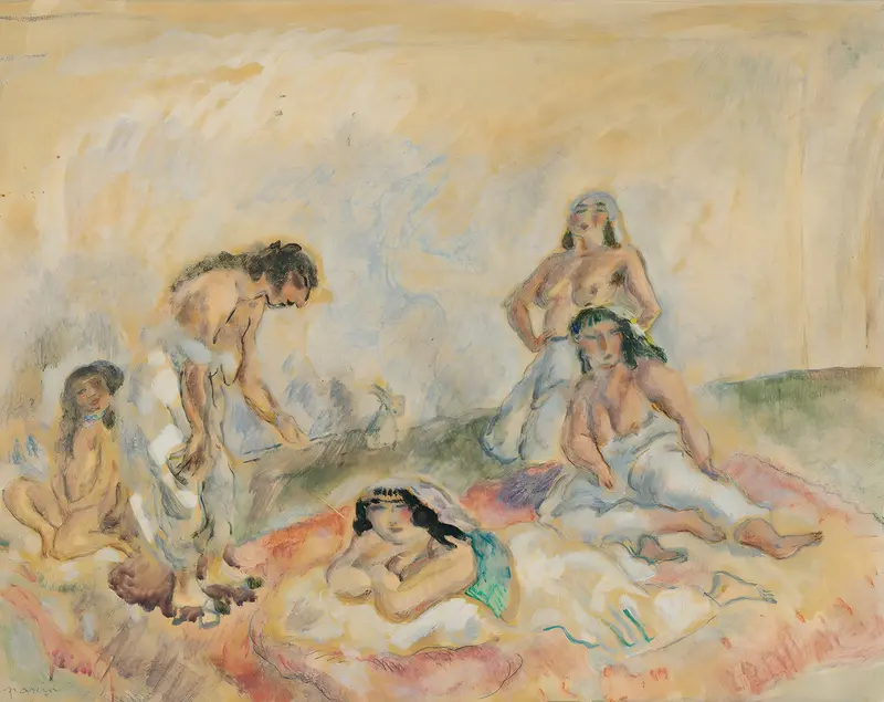 A captivating scene of women in a salon by Jules Pascin.
