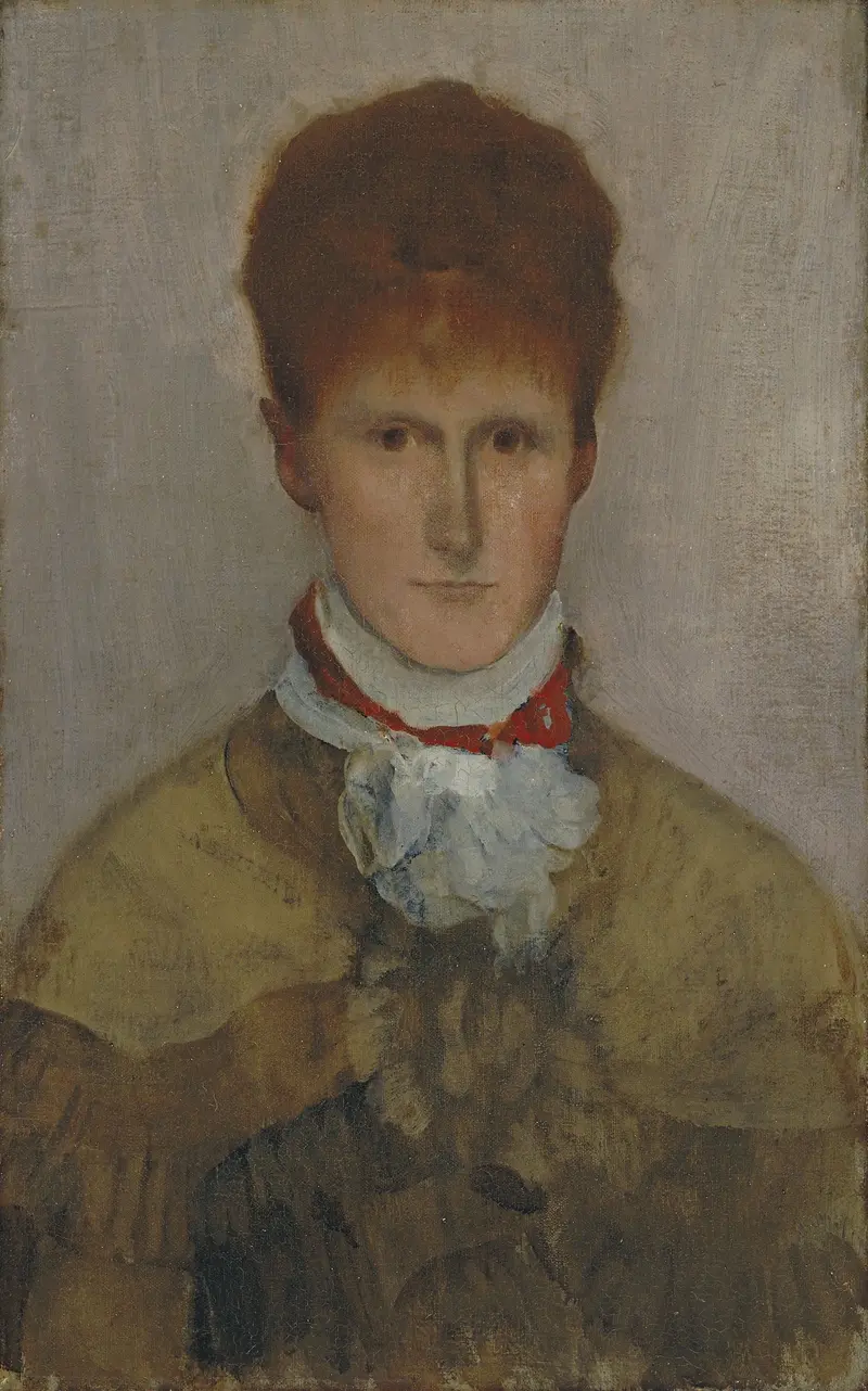 A portrait of a woman with a soft gaze, her face emerging from a muted background with loosely sketched clothing.