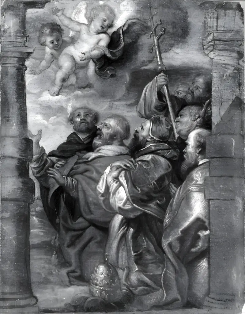 The Adoration of the Blessed Sacrament by the Ecclesiastical Hierarchy depicts church leaders in reverence around the Eucharist.
