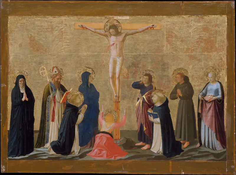 Christ hangs on the cross with blood flowing, surrounded by mourners in colorful robes and gold halos against a golden background.