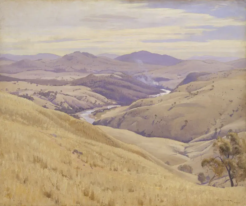 Weetangera, Canberra by Elioth Gruner, oil painting depicting a landscape with wildflowers and golden light.