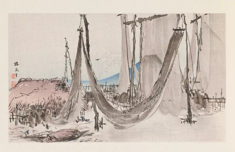 Japanese ink wash landscape by Takeuchi Seihō, featuring mountains and serene nature.